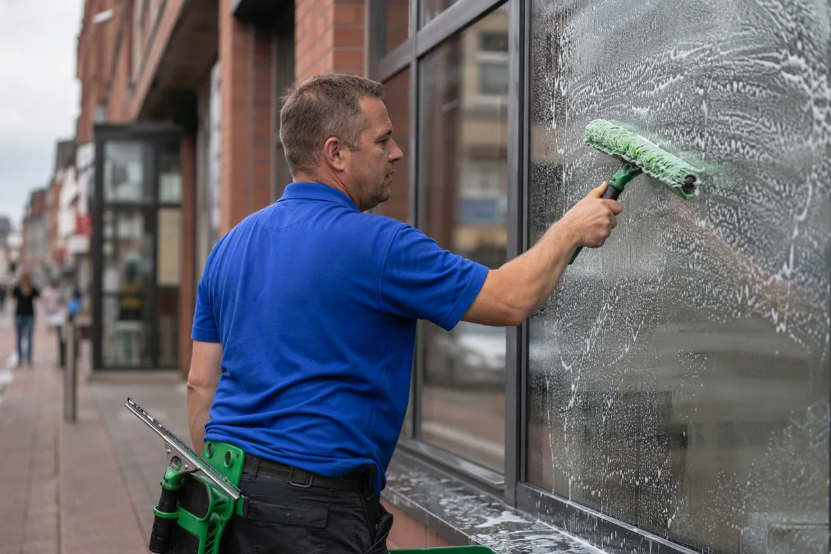 Fensterreinigung in Hamburg: Mitarbeiter wäscht eine Schaufensterscheibe mit grünem UNGER-Einwascher, Abzieher in der Gürtelholster