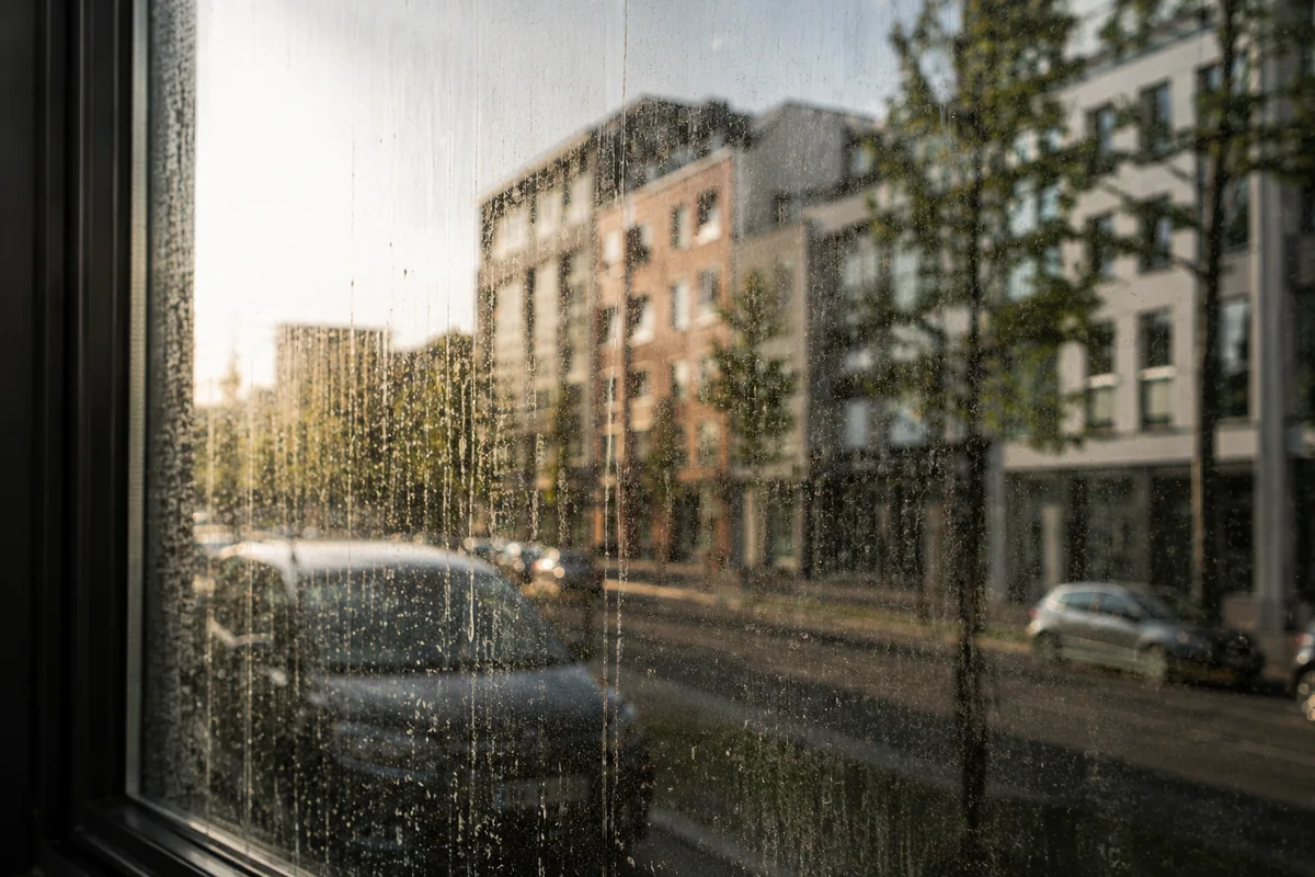 Vorher: Blick durch eine verschmutzte Fensterscheibe mit Wasserflecken und Schlieren